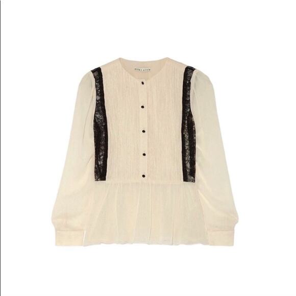 Alice + Olivia Elysia Lace Paneled Plisse-Georgette Off White/Black Peplum Top - Picture 3 of 12